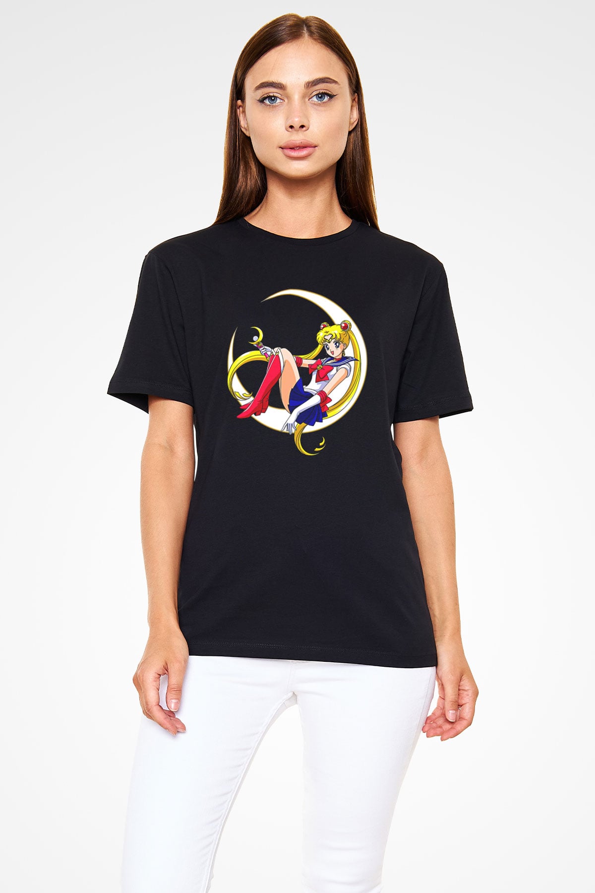 Sailor Moon Baskılı Unisex Siyah Tişört - Tshirt