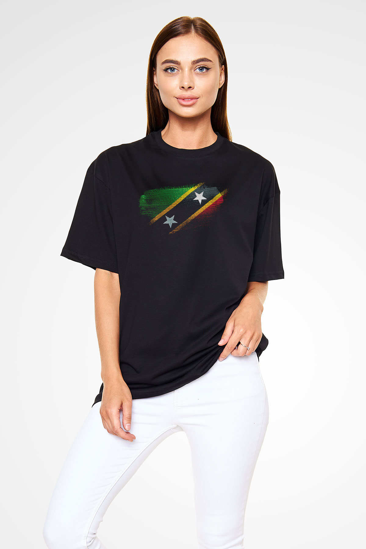 Saint Kitts ve Nevis Bayrağı Baskılı Unisex Siyah Oversize Tişört