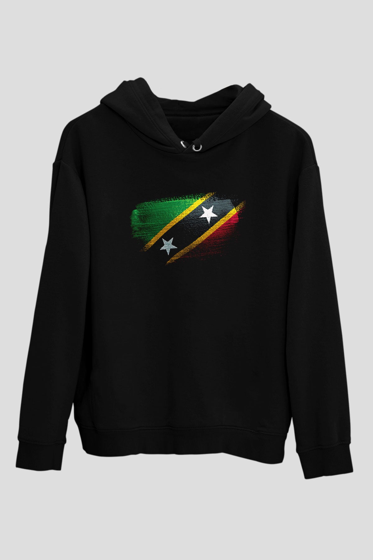 Saint Kitts ve Nevis Bayrağı Baskılı Unisex Siyah Kapüşonlu Sweatshirt