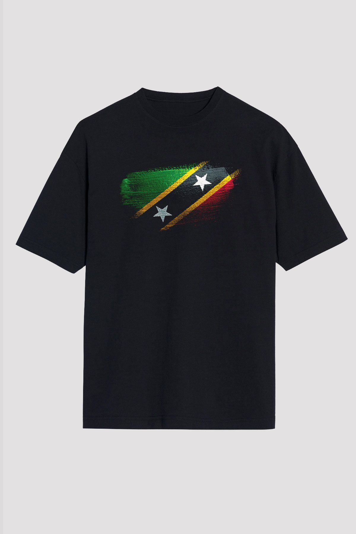 Saint Kitts ve Nevis Bayrağı Baskılı Unisex Siyah Oversize Tişört