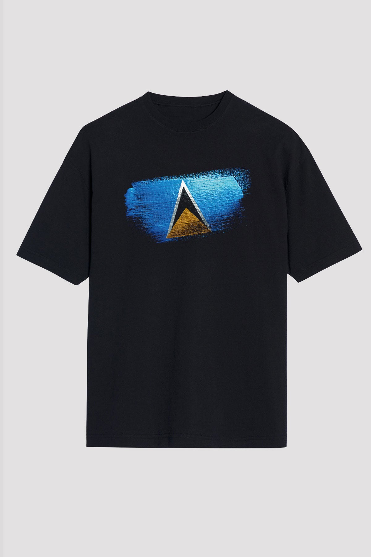 Saint Lucia Bayrağı Baskılı Unisex Siyah Oversize Tişört