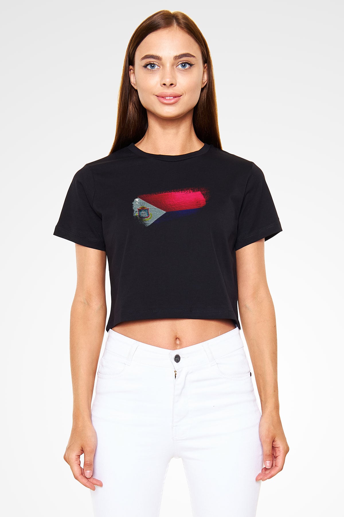 Saint Martin Bayrağı Baskılı Kadın Crop Top Siyah Tişört