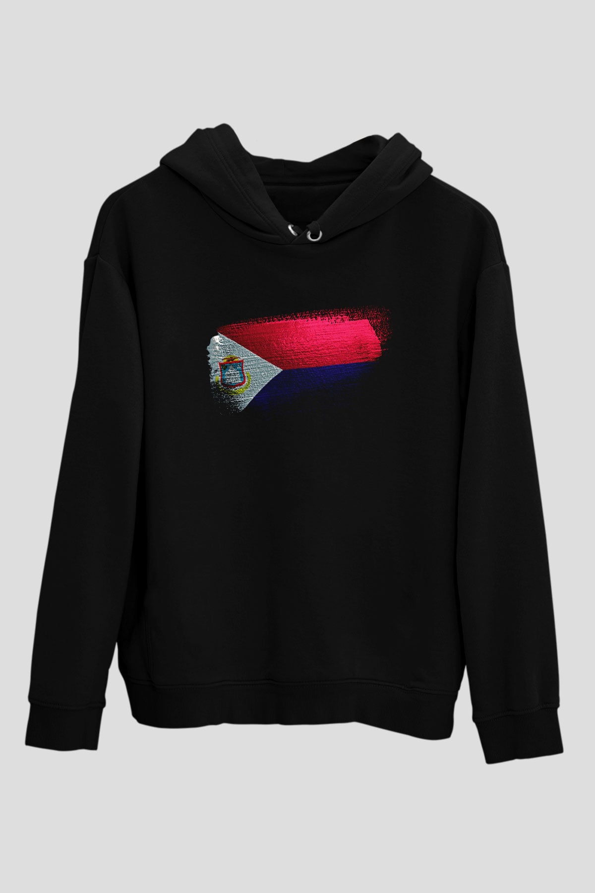 Saint Martin Bayrağı Baskılı Unisex Siyah Kapüşonlu Sweatshirt