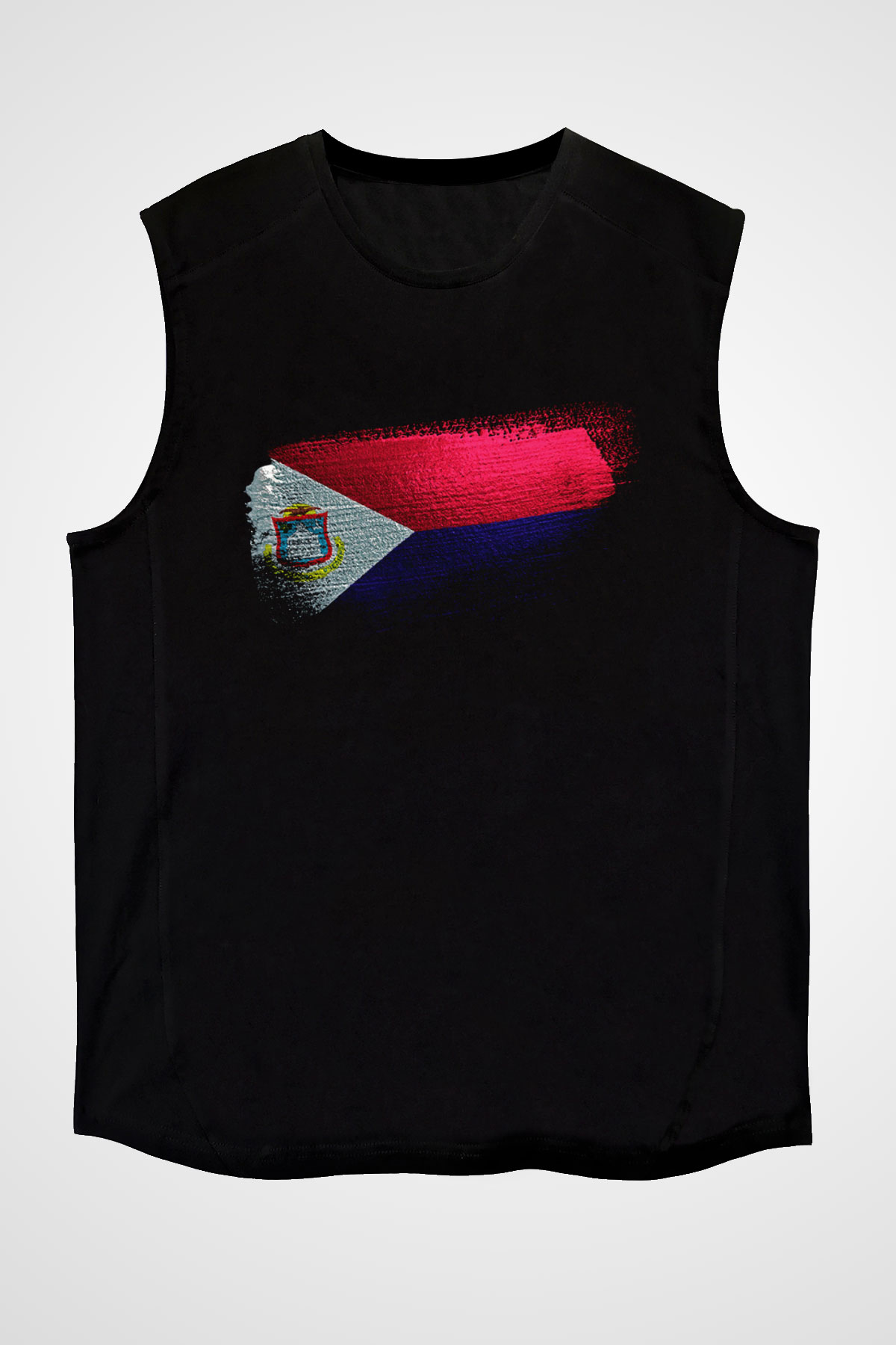 Saint Martin Bayrağı Baskılı Unisex Siyah Kolsuz Tişört