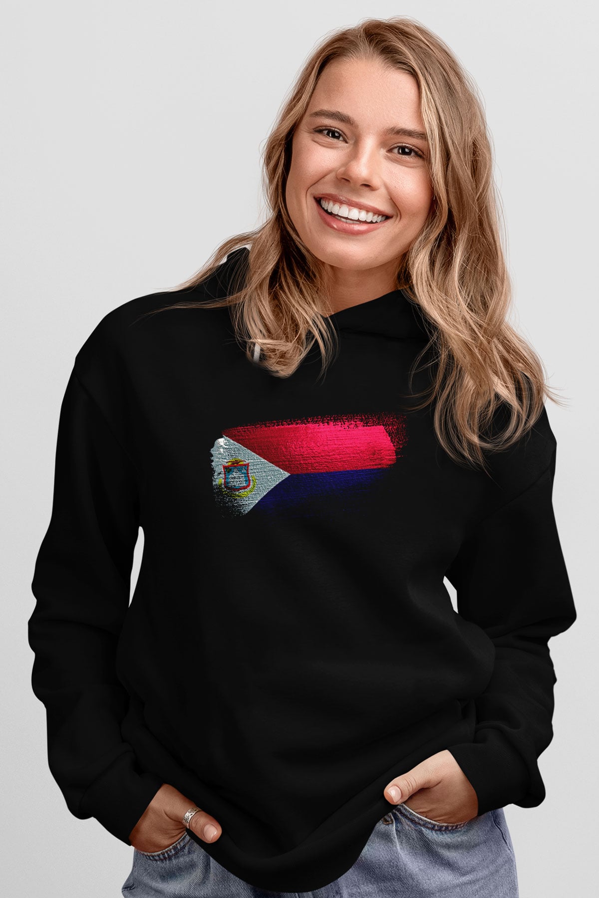 Saint Martin Bayrağı Baskılı Unisex Siyah Kapüşonlu Sweatshirt