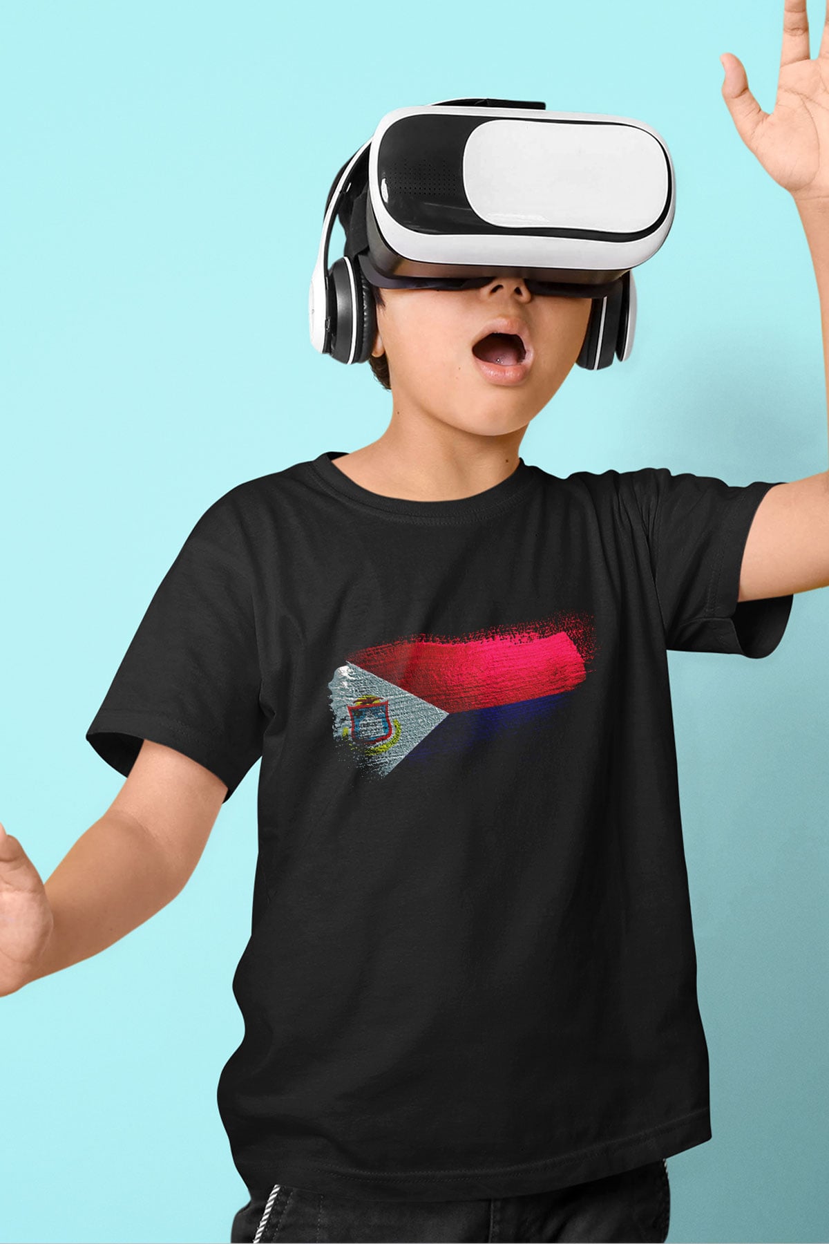Saint Martin Bayrağı Baskılı Unisex Siyah Çocuk Tişörtü