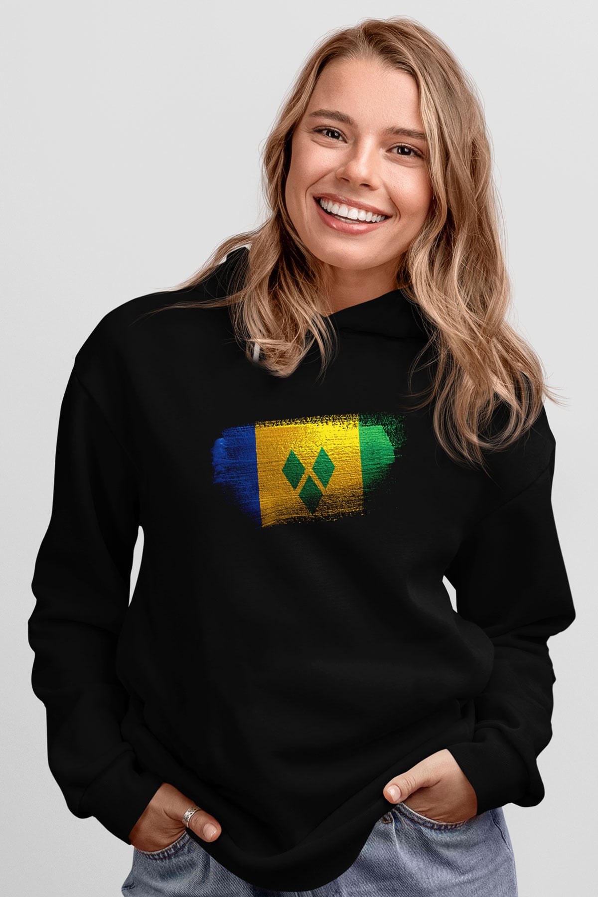 Saint Vincent ve Grenadinler Bayrağı Baskılı Unisex Siyah Kapüşonlu Sweatshirt