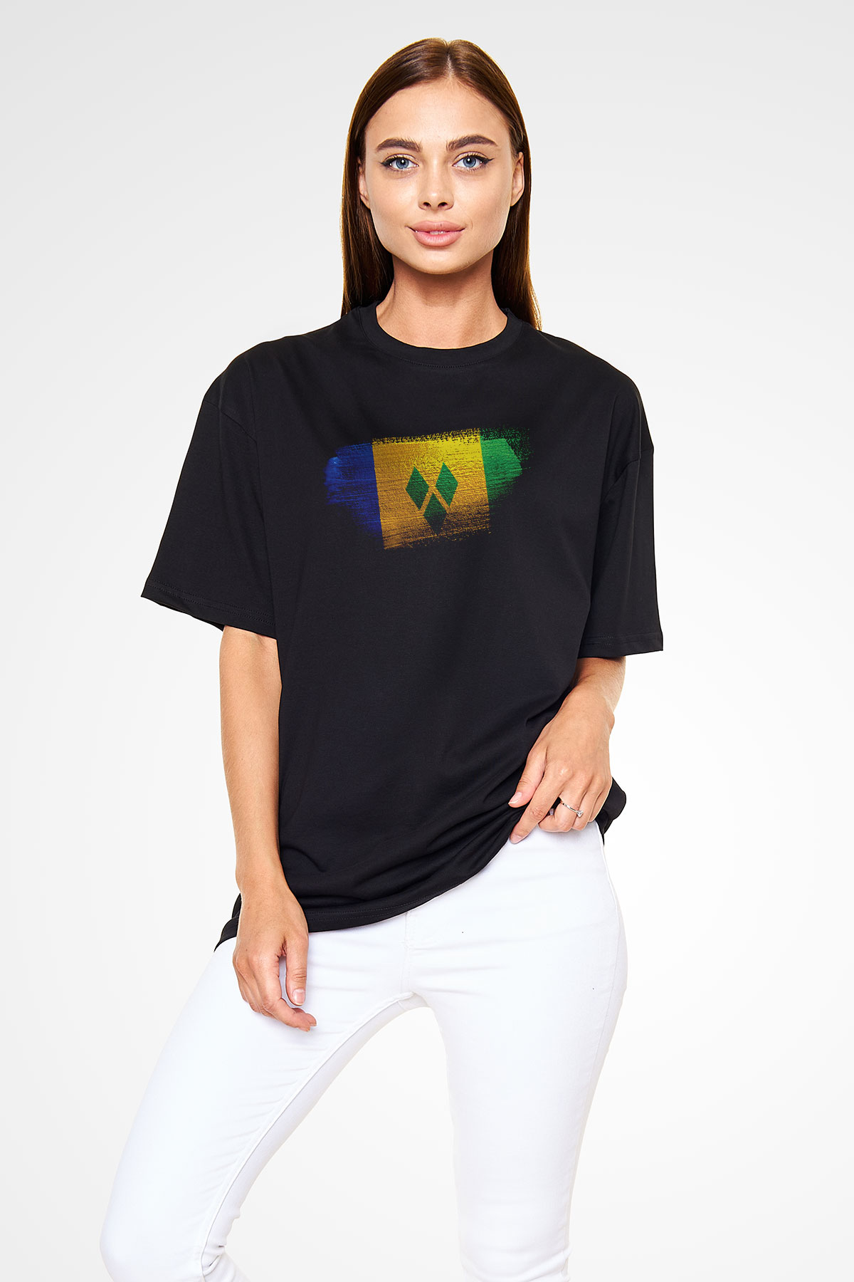 Saint Vincent ve Grenadinler Bayrağı Baskılı Unisex Siyah Oversize Tişört