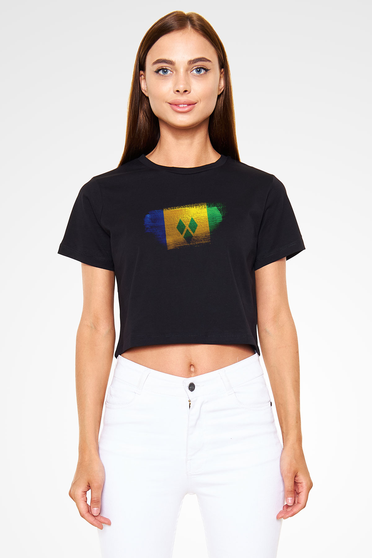 Saint Vincent ve Grenadinler Bayrağı Baskılı Kadın Crop Top Siyah Tişört