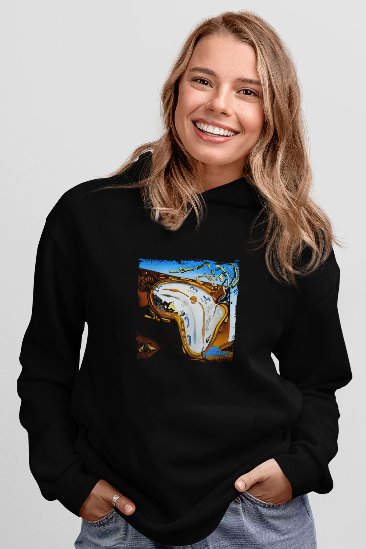 Salvador Dali Baskılı Unisex Siyah Hoodie