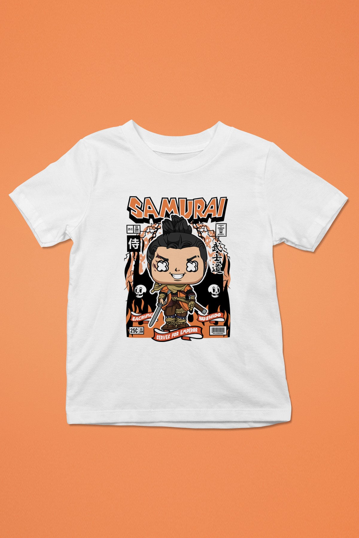 Samurai Baskılı Unisex Beyaz Çocuk Tişört
