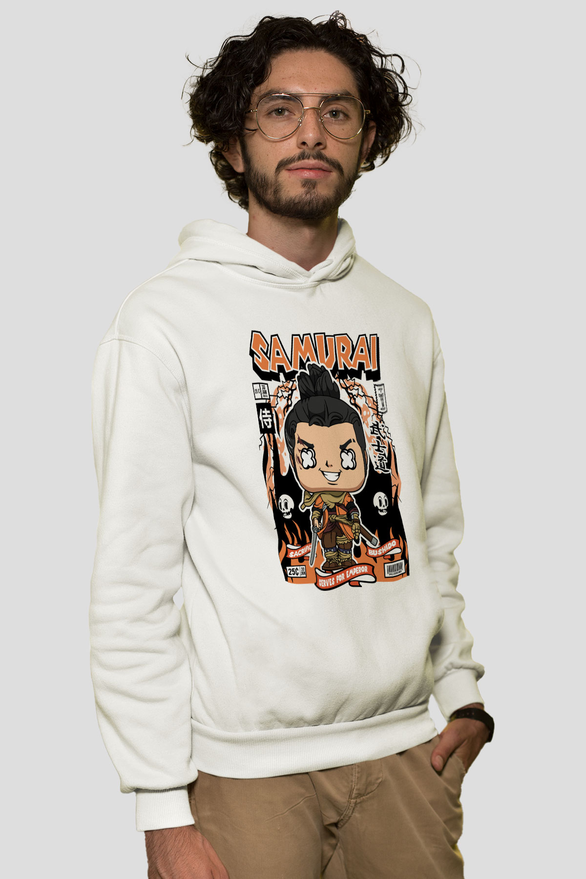 Samurai Baskılı Unisex Beyaz Hoodie