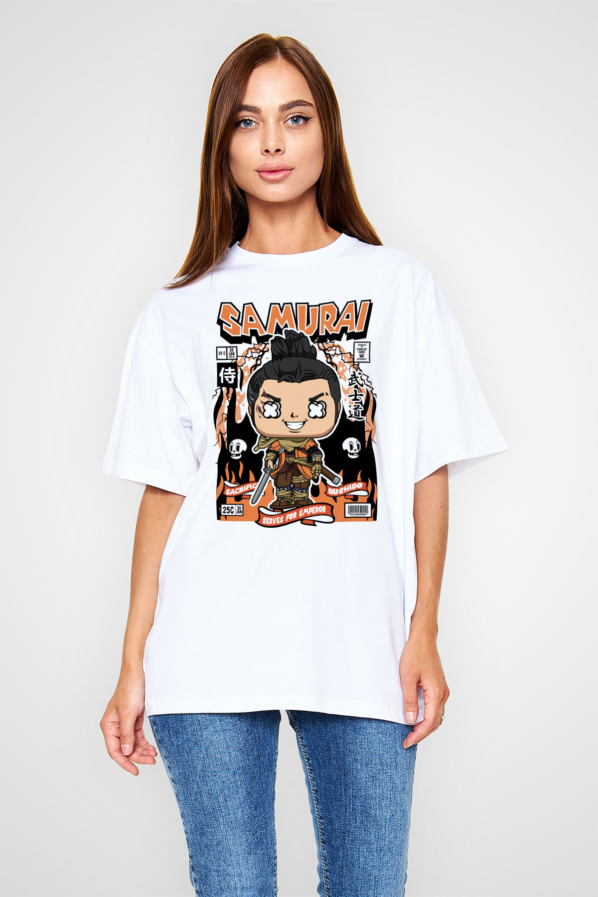 Samurai Baskılı Unisex Beyaz Oversize Tişört