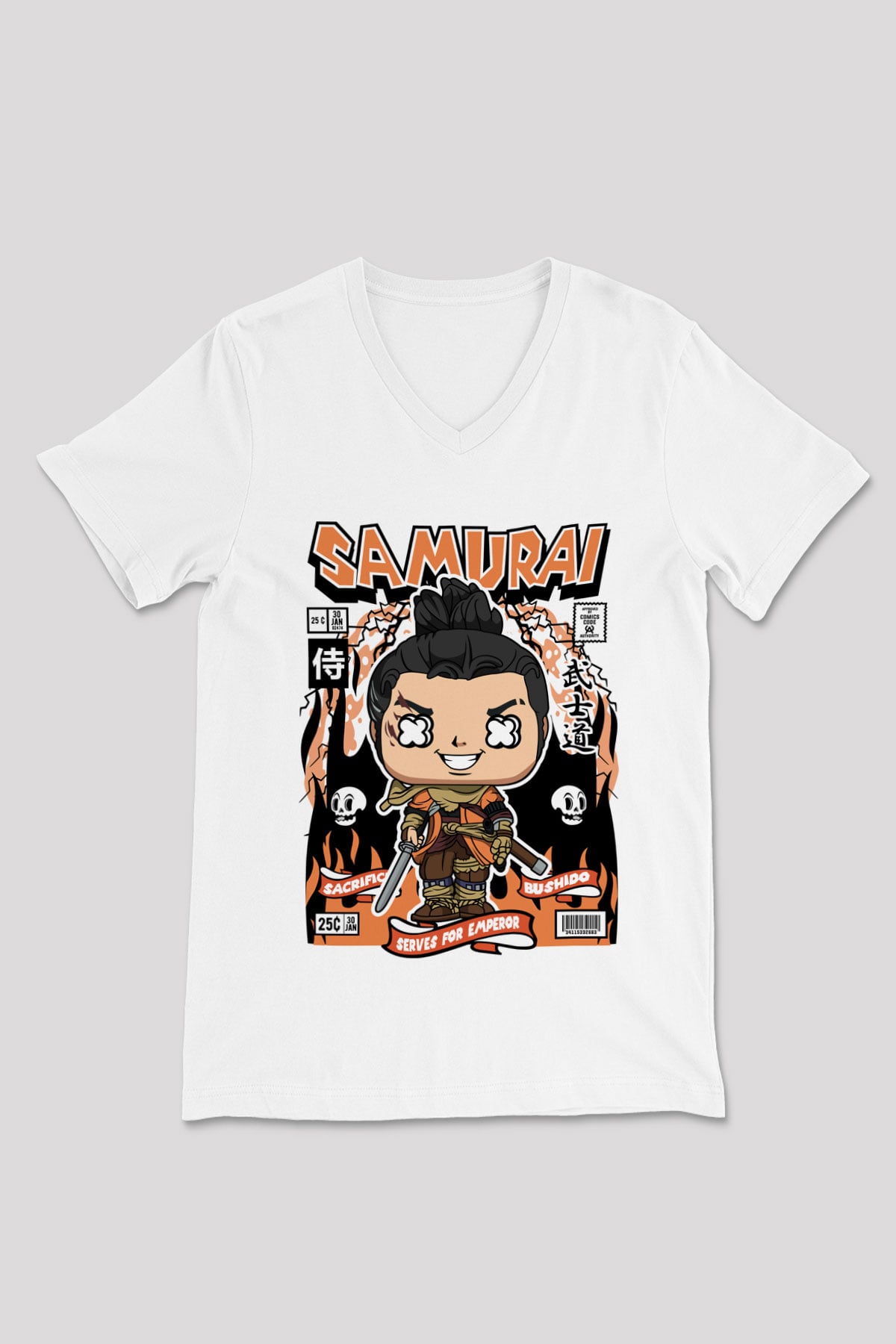 Samurai Baskılı Unisex Beyaz V Yaka Tişört