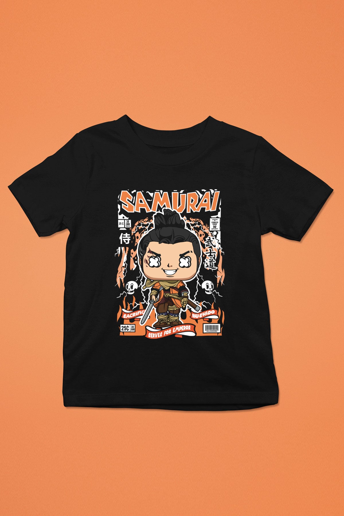 Samurai Baskılı Unisex Siyah Çocuk Tişört
