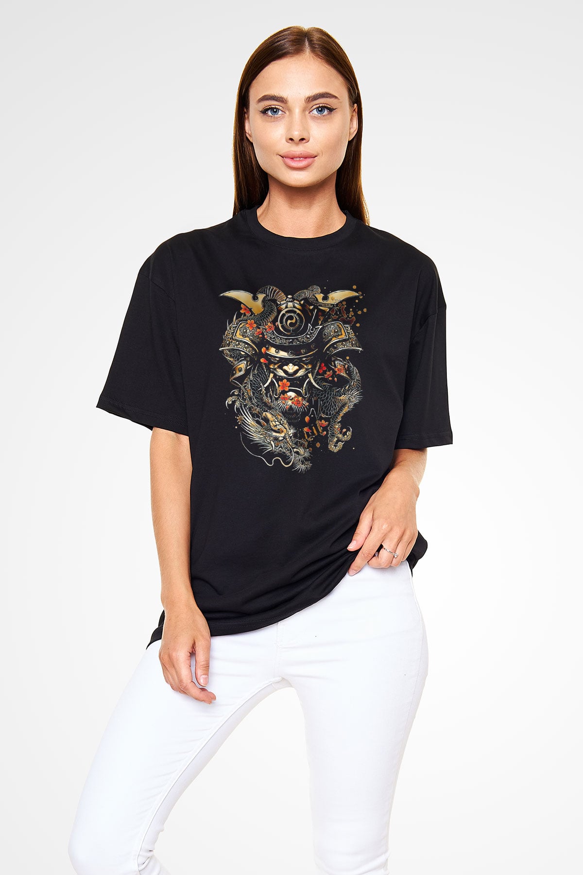 Samurai Baskılı Oversize Siyah Tişört
