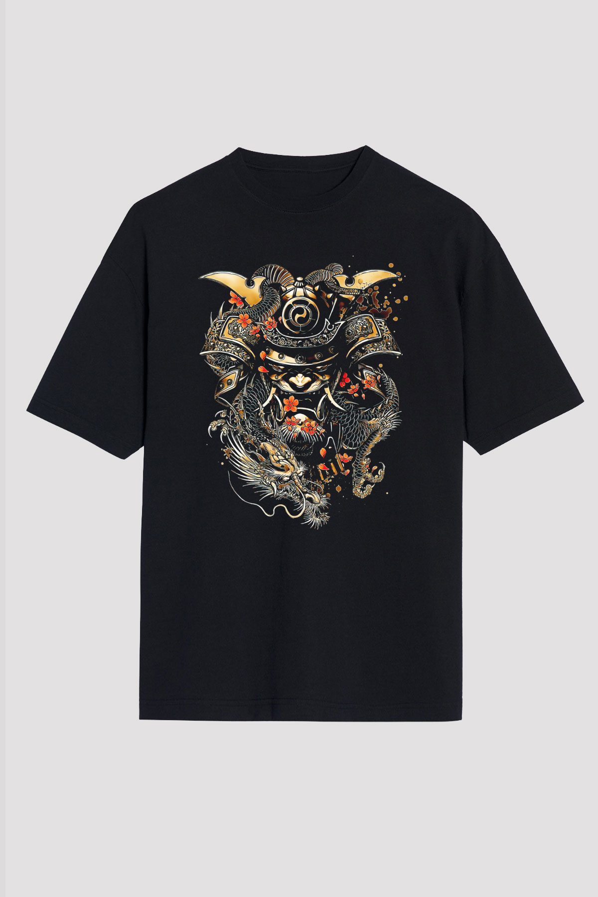 Samurai Baskılı Oversize Siyah Tişört