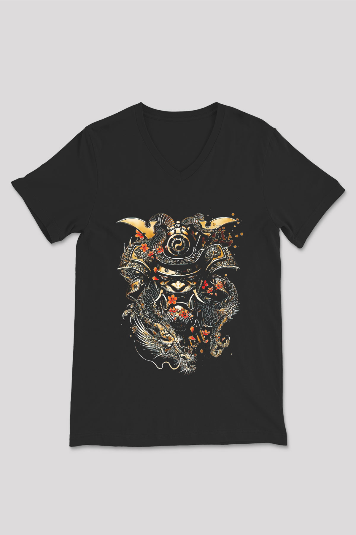 Samurai Baskılı Unisex Siyah  V Yaka Tişört