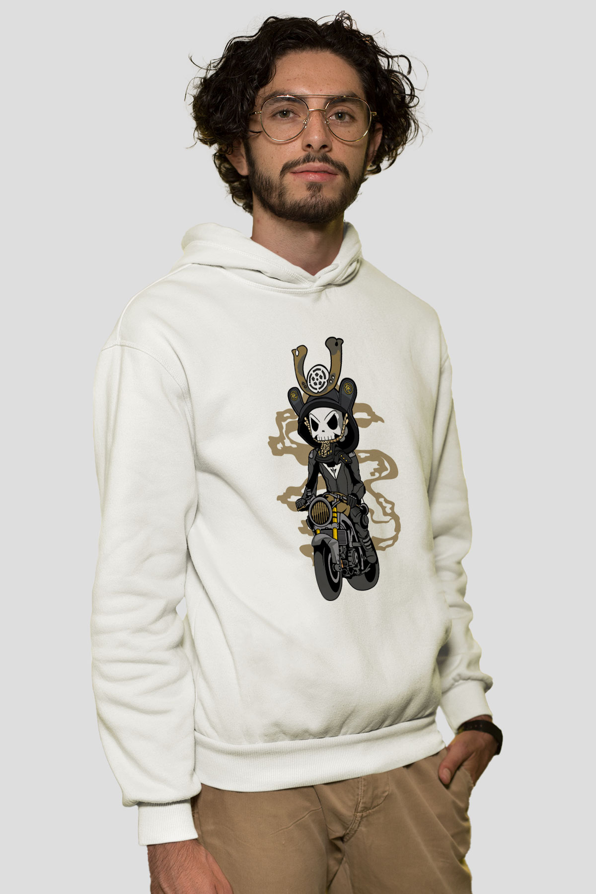 Samurai Biker Baskılı Beyaz Unisex Hoodie