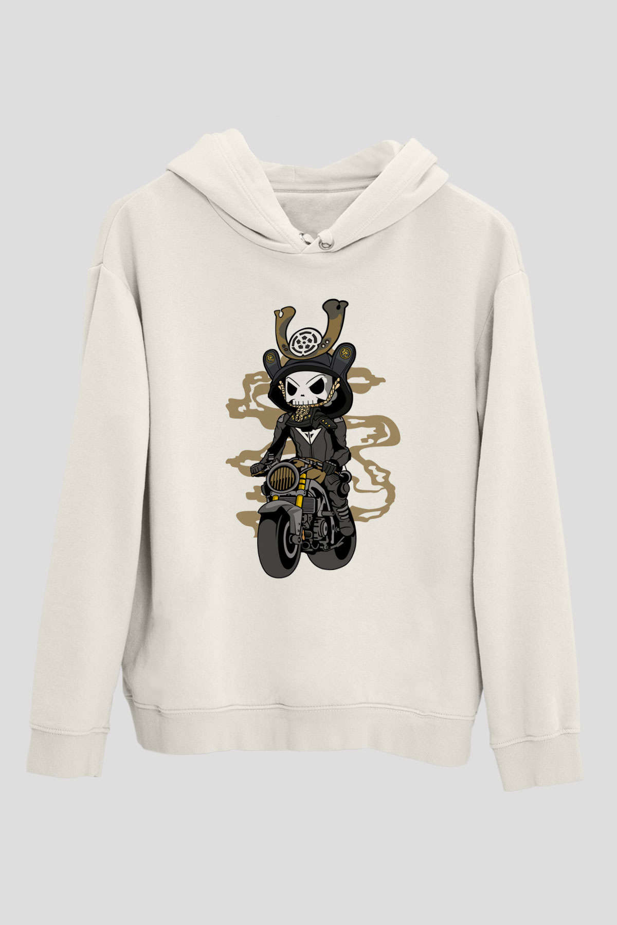 Samurai Biker Baskılı Beyaz Unisex Hoodie