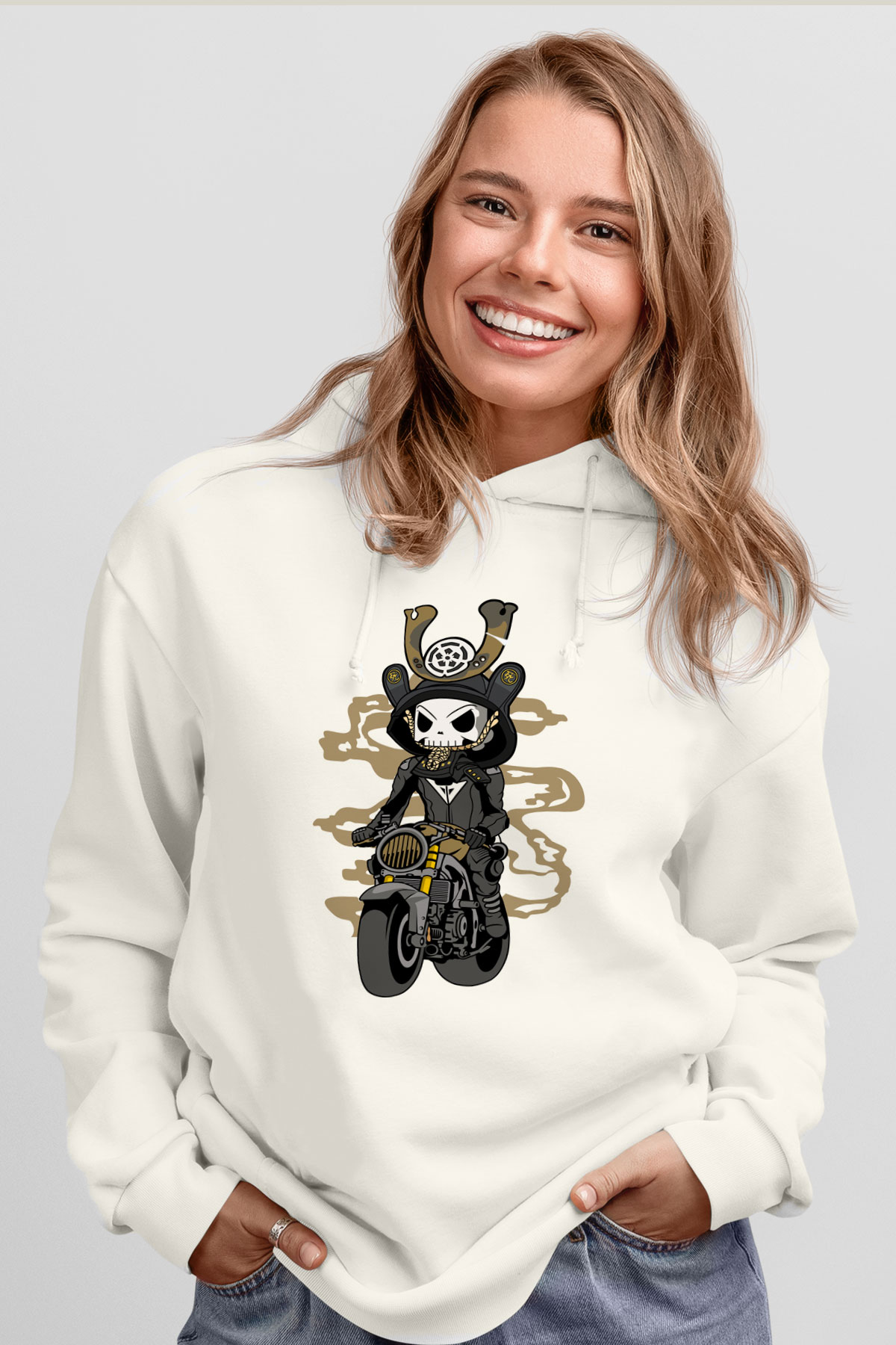 Samurai Biker Baskılı Beyaz Unisex Hoodie