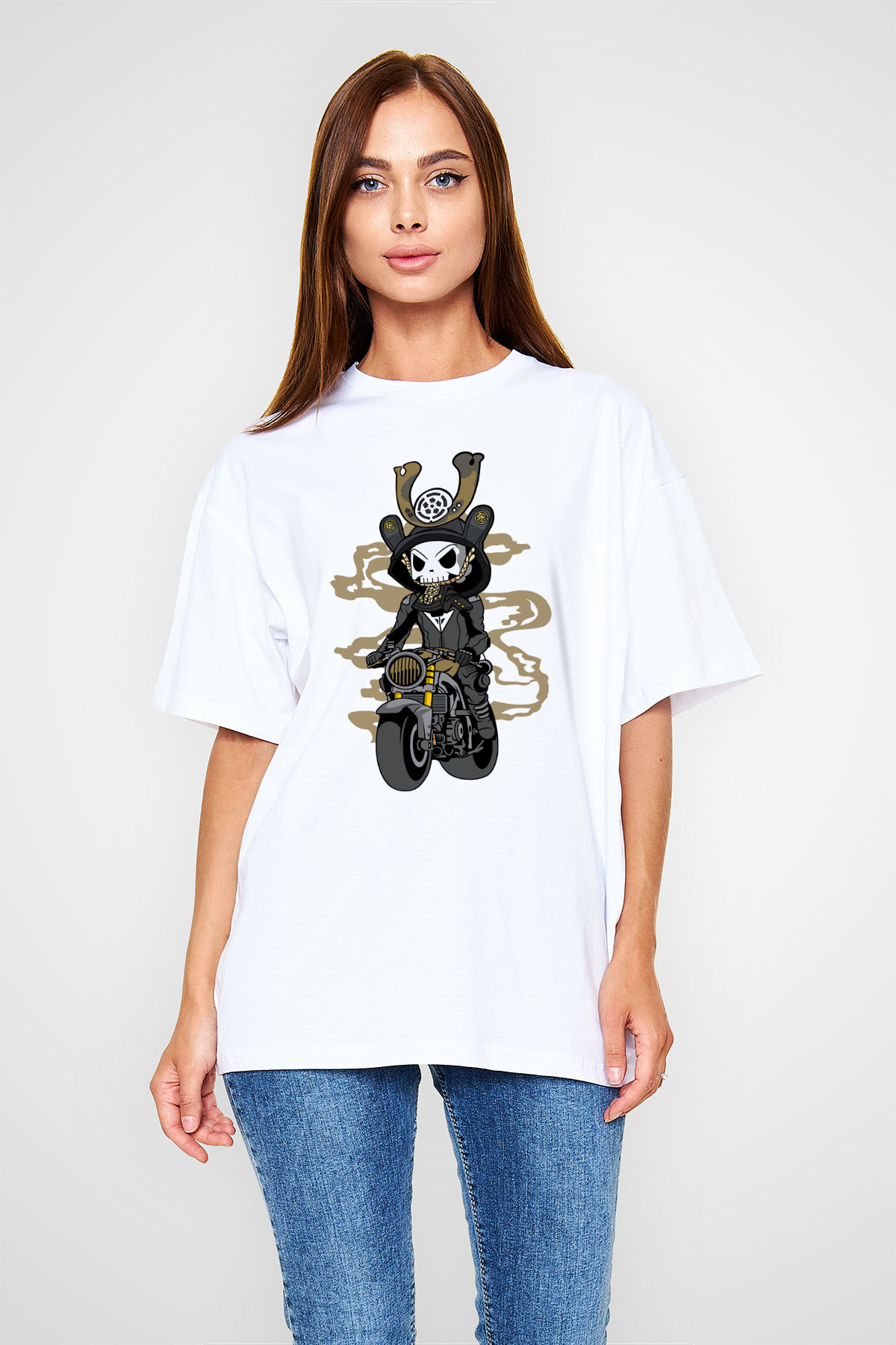 Samurai Biker Baskılı Beyaz Unisex Oversize Tişört