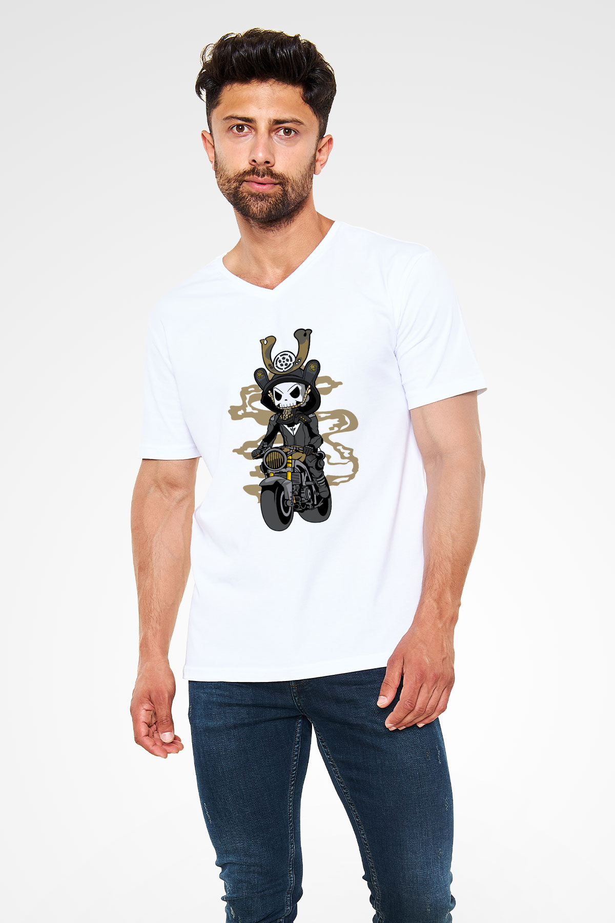 Samurai Biker Baskılı Beyaz Unisex V Yaka Tişört