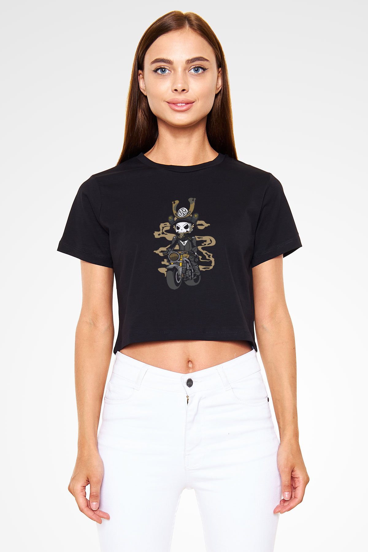 Samurai Biker Baskılı Siyah   Crop Top Tişört