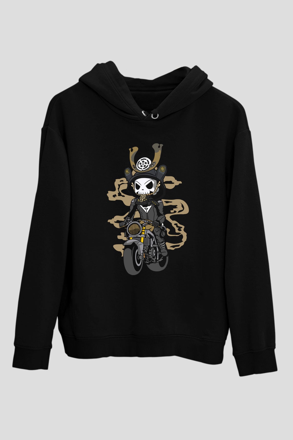 Samurai Biker Baskılı Siyah Unisex Hoodie
