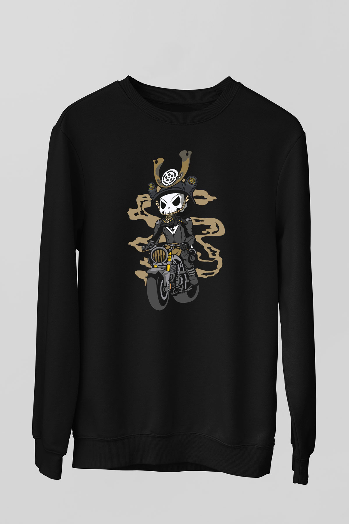 Samurai Biker Baskılı Siyah Unisex Sweatshirt