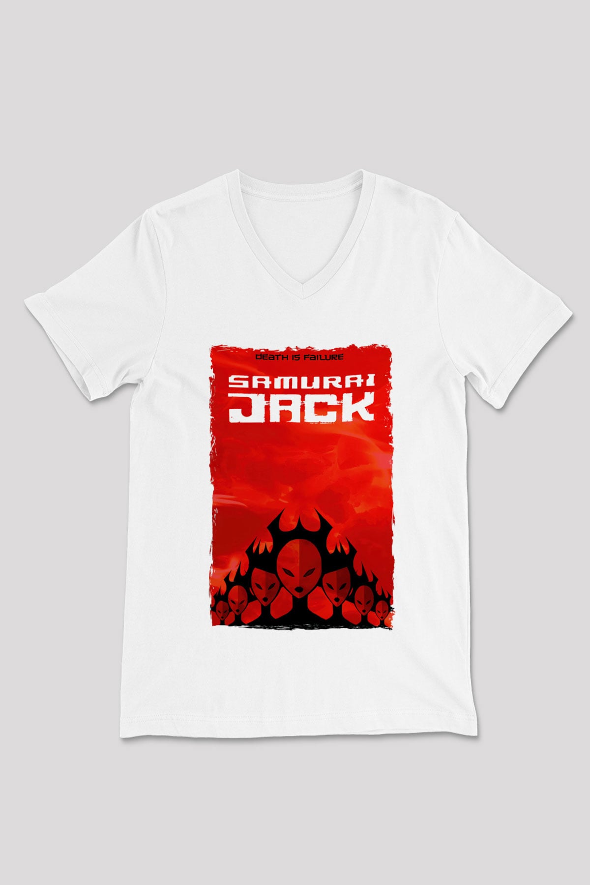 Samurai Jack Beyaz Unisex V Yaka Tişört