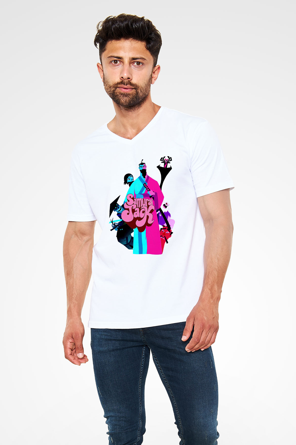 Samurai Jack Beyaz Unisex V Yaka Tişört