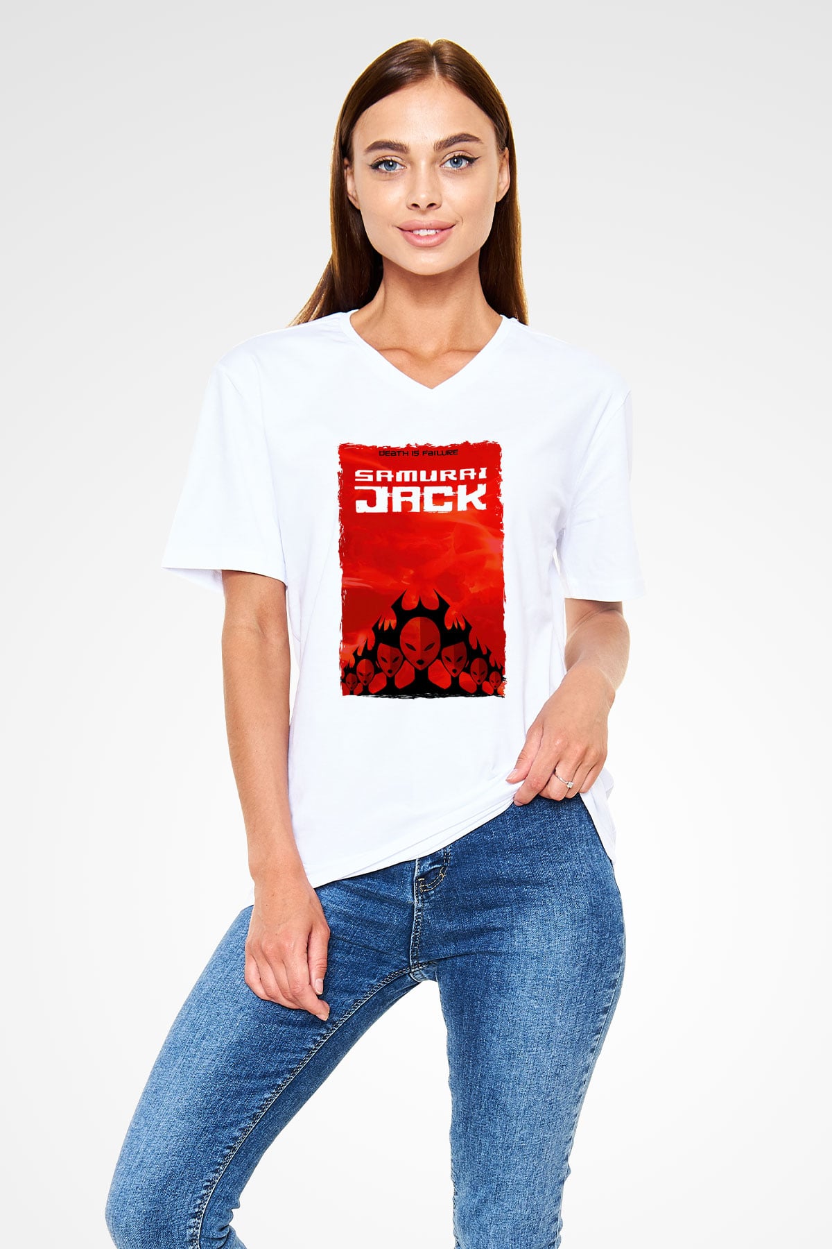 Samurai Jack Beyaz Unisex V Yaka Tişört
