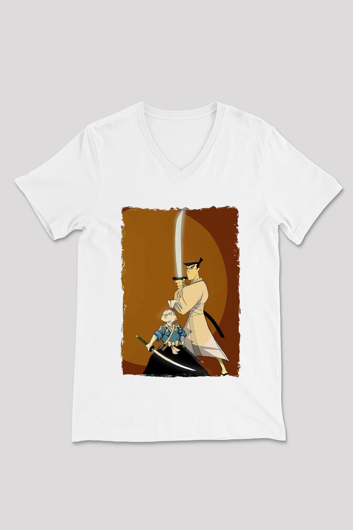 Samurai Jack Beyaz Unisex V Yaka Tişört