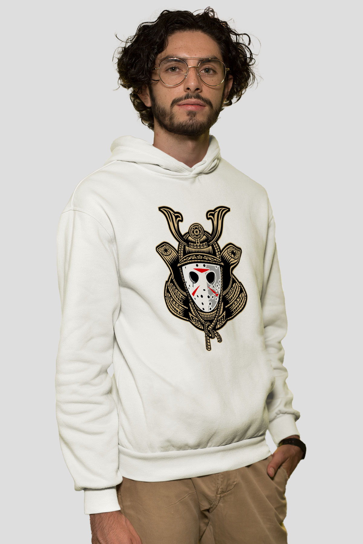 Samurai Jason Baskılı Beyaz Unisex Hoodie