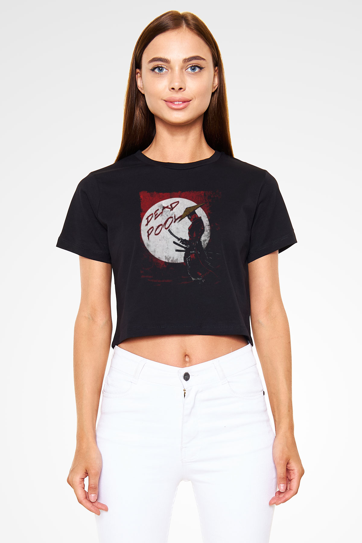 Samuray Deadpool Baskılı  Beyaz  Crop Top Tişört