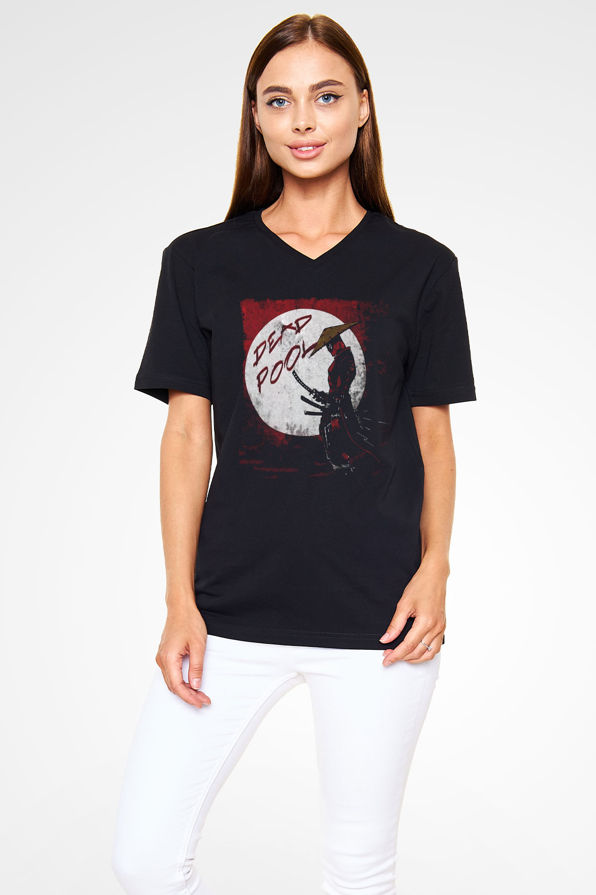 Samuray Deadpool Baskılı Unisex Beyaz  V Yaka Tişört