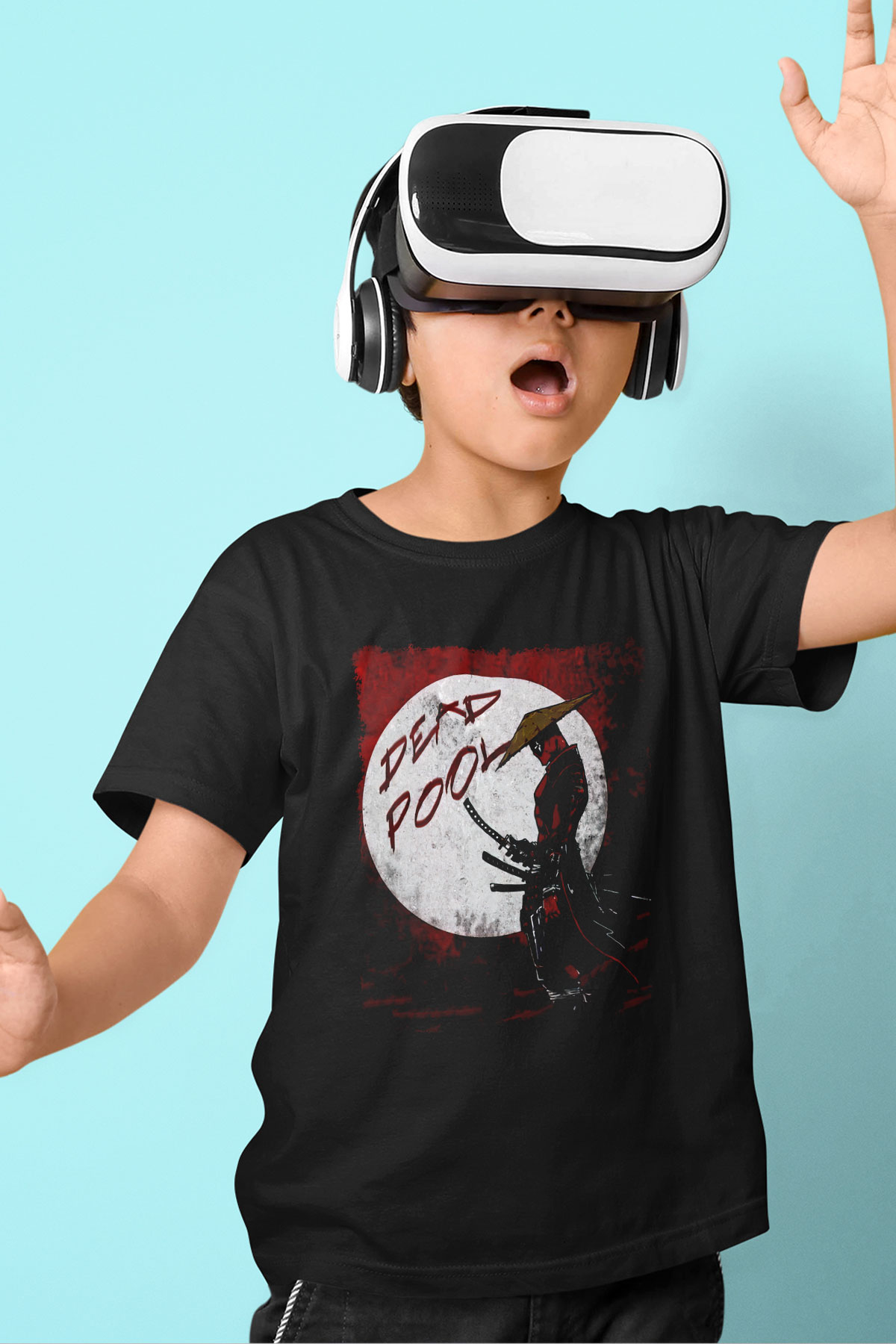 Samuray Deadpool Baskılı Unisex Beyaz  Çocuk Tişört