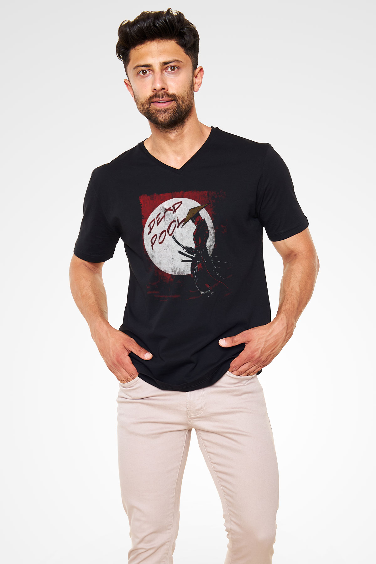 Samuray Deadpool Baskılı Unisex Beyaz  V Yaka Tişört