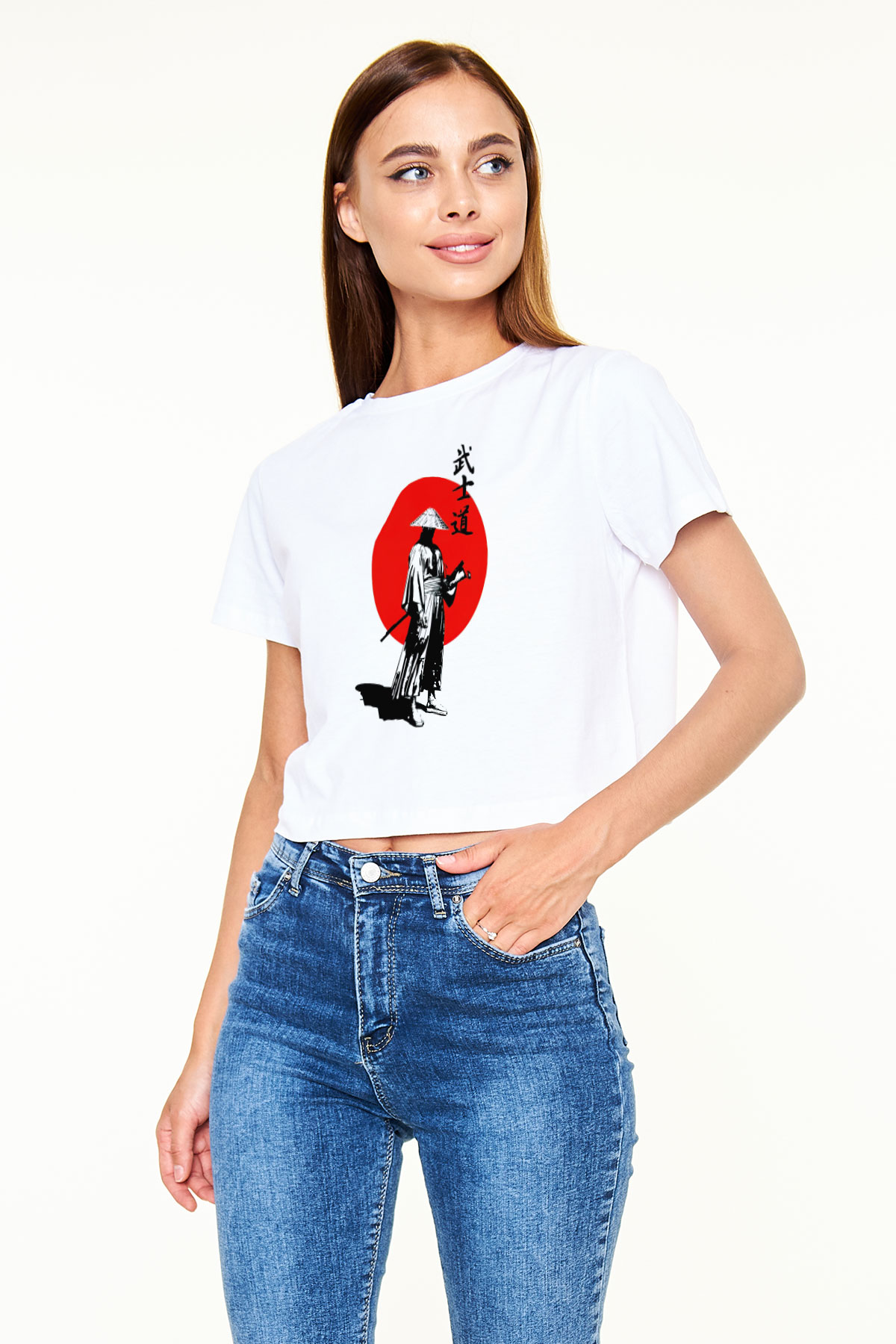 Samuray Temalı Baskılı Beyaz  Crop Top Tişört