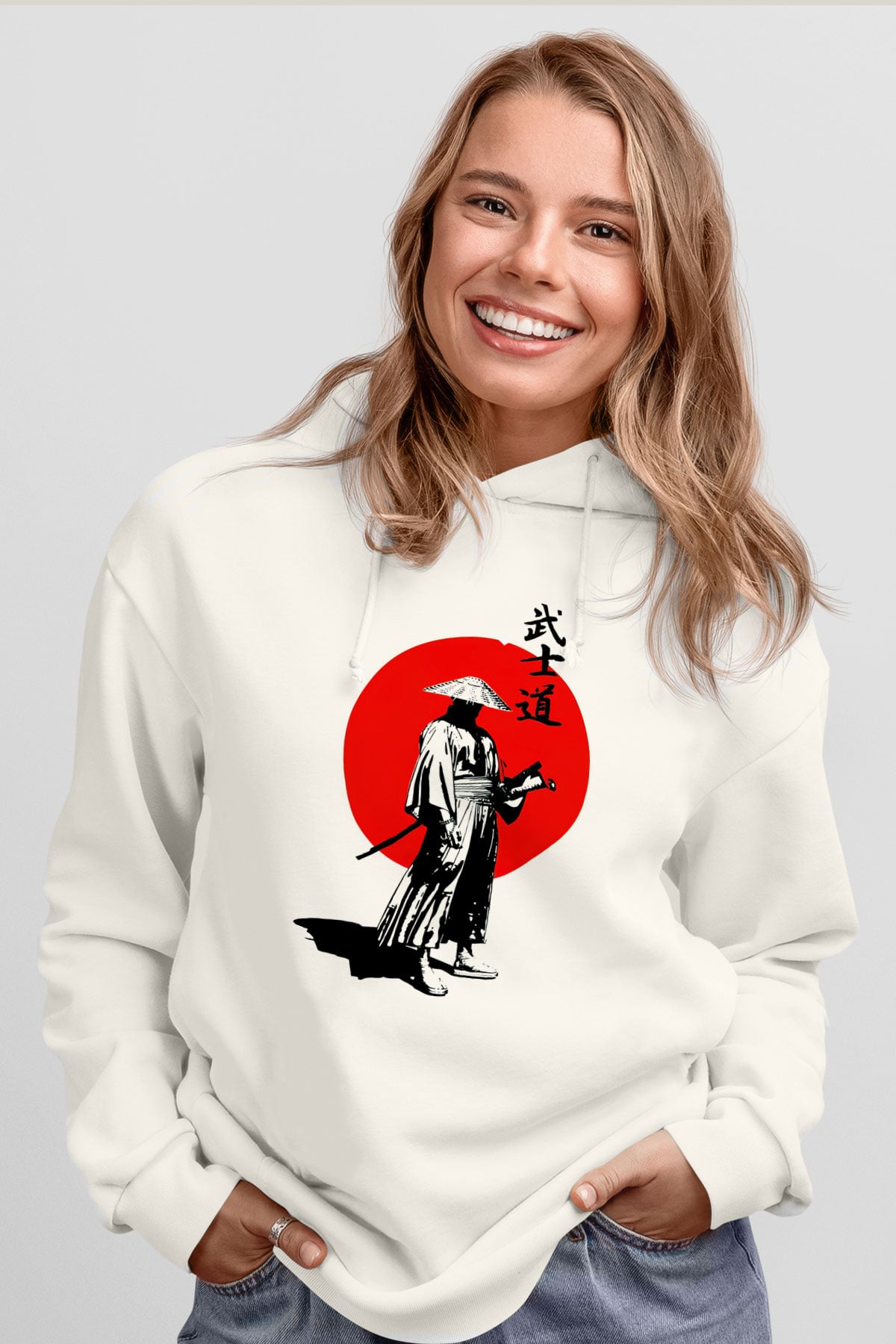 Samuray Temalı Beyaz  Unisex Hoodie