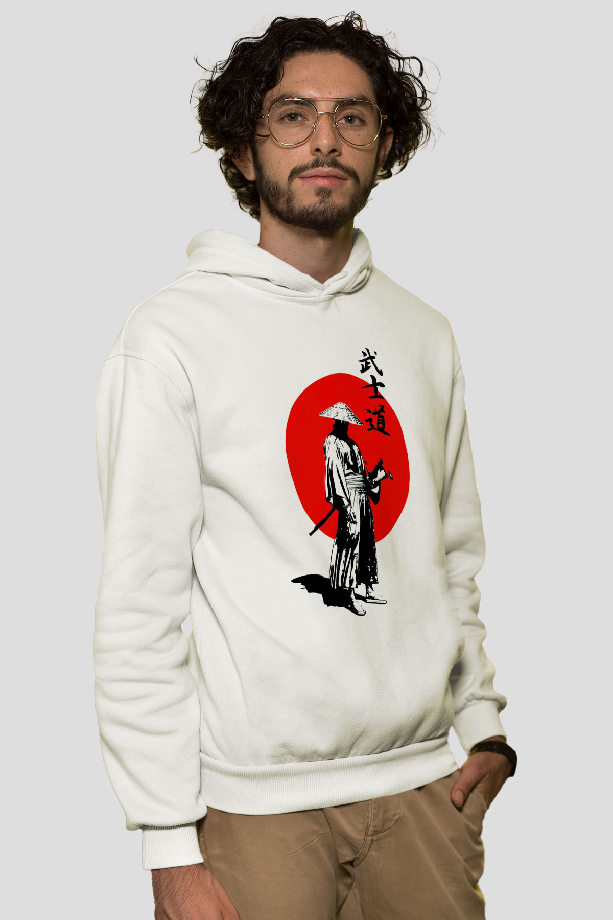 Samuray Temalı Beyaz  Unisex Hoodie