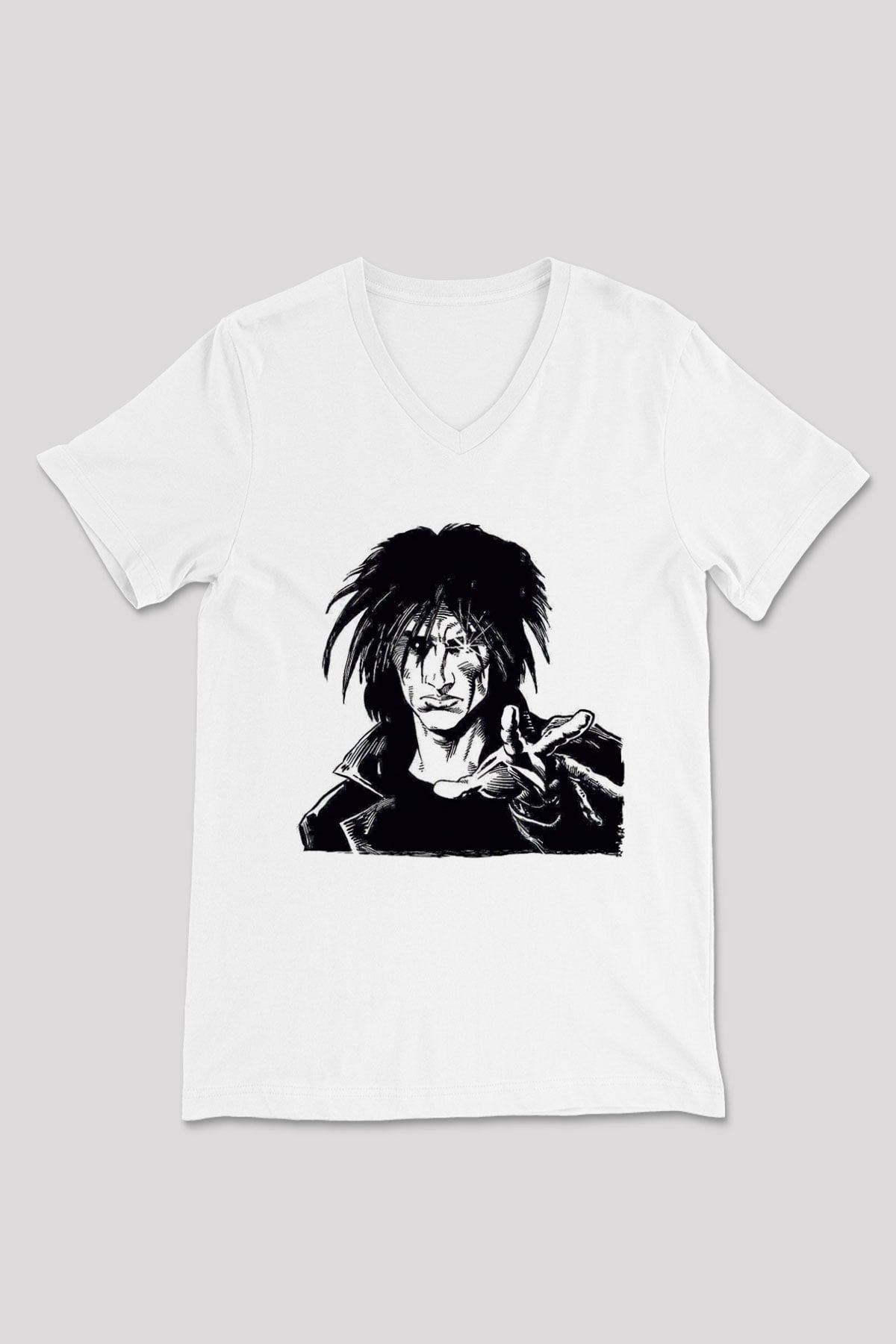 Sandman Baskılı Beyaz Unisex V Yaka Tişört - Tshirt