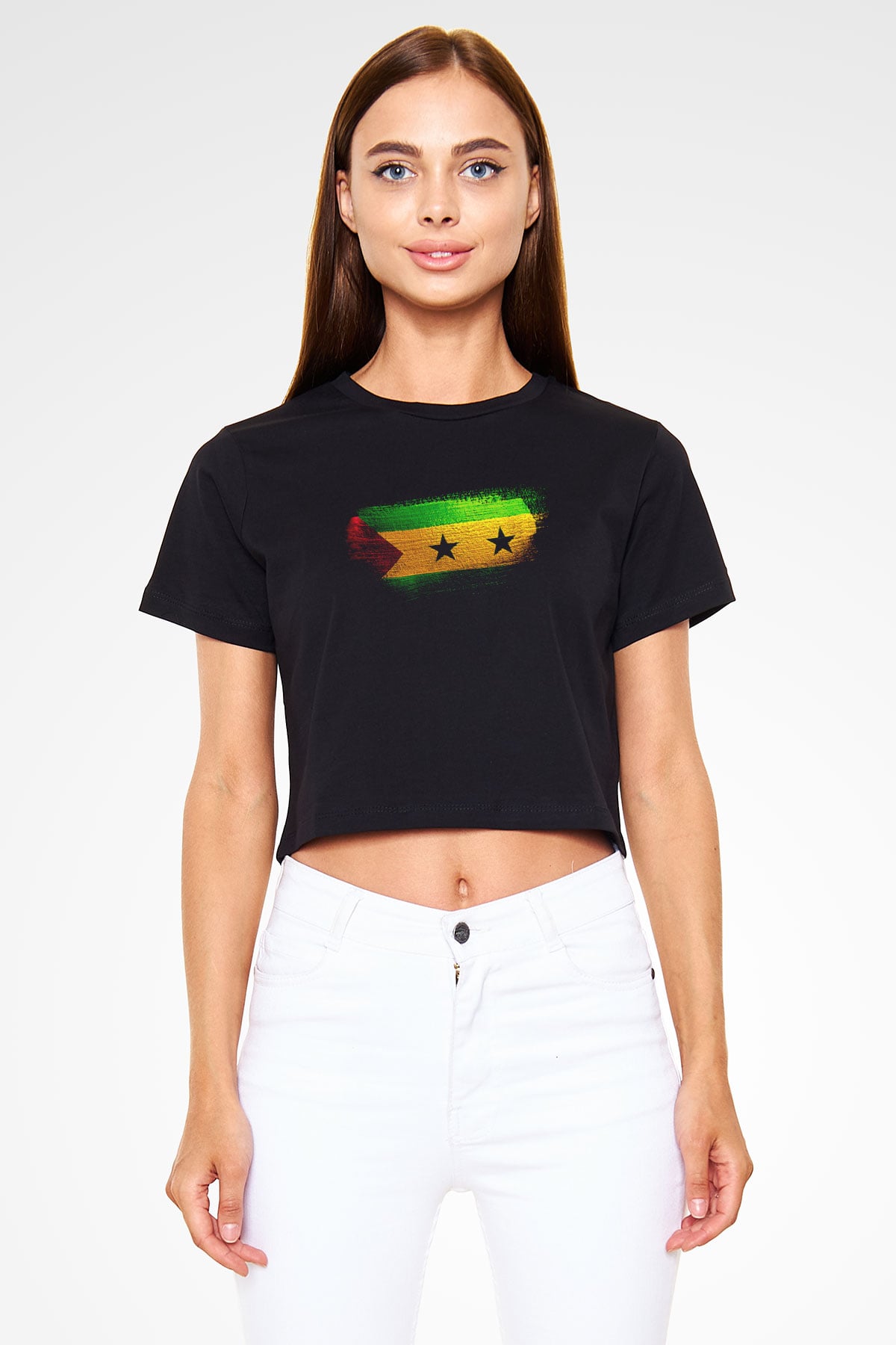 Sao Tome Principe Bayrağı Baskılı Kadın Crop Top Siyah Tişört