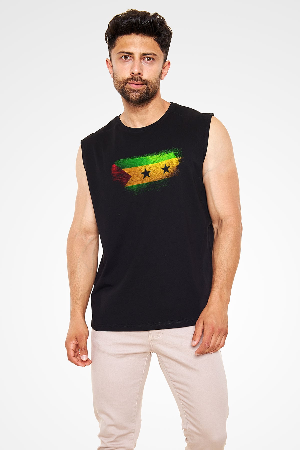 Sao Tome Principe Bayrağı Baskılı Unisex Siyah Kolsuz Tişört