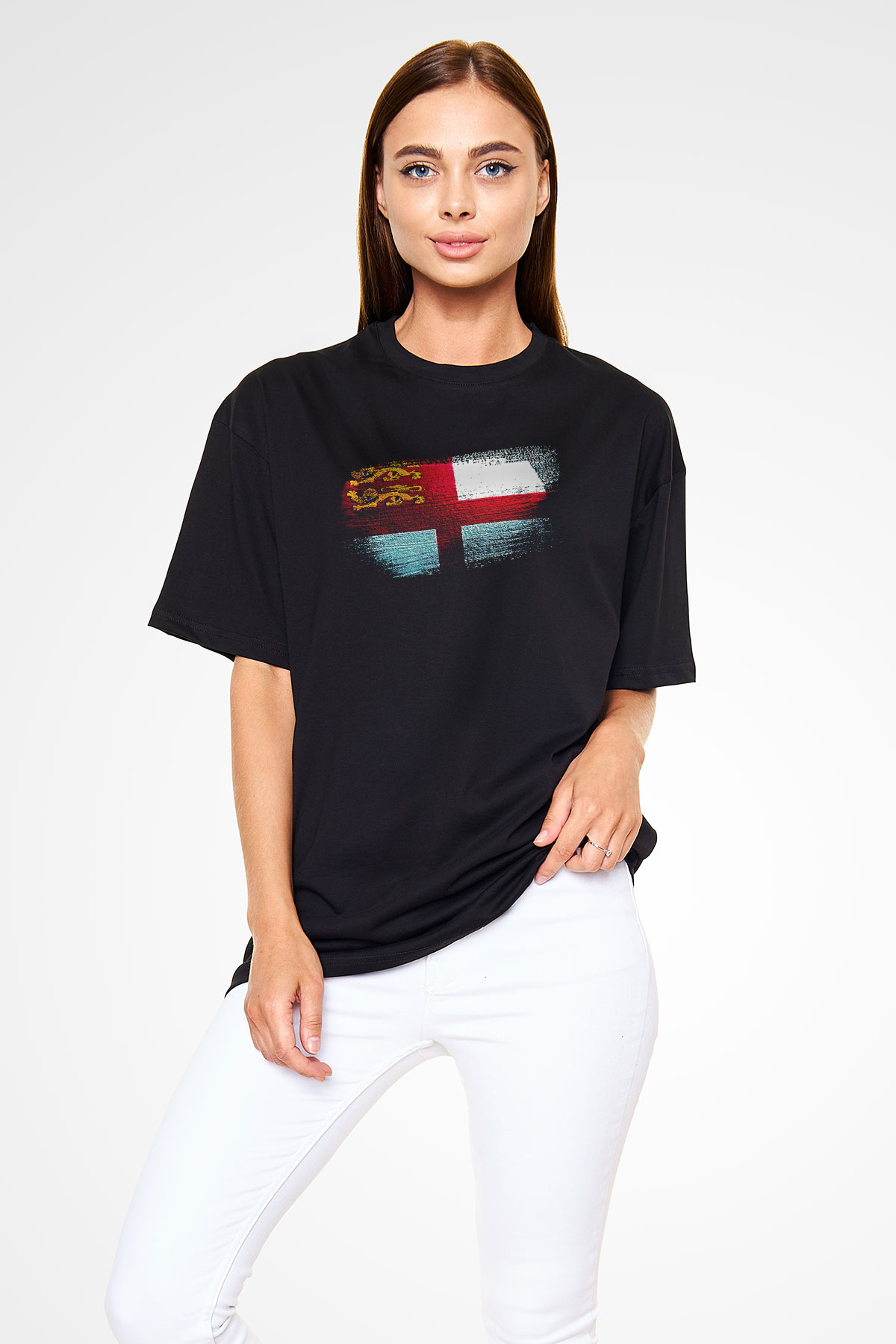 Sark Bayrağı Baskılı Unisex Siyah Oversize Tişört