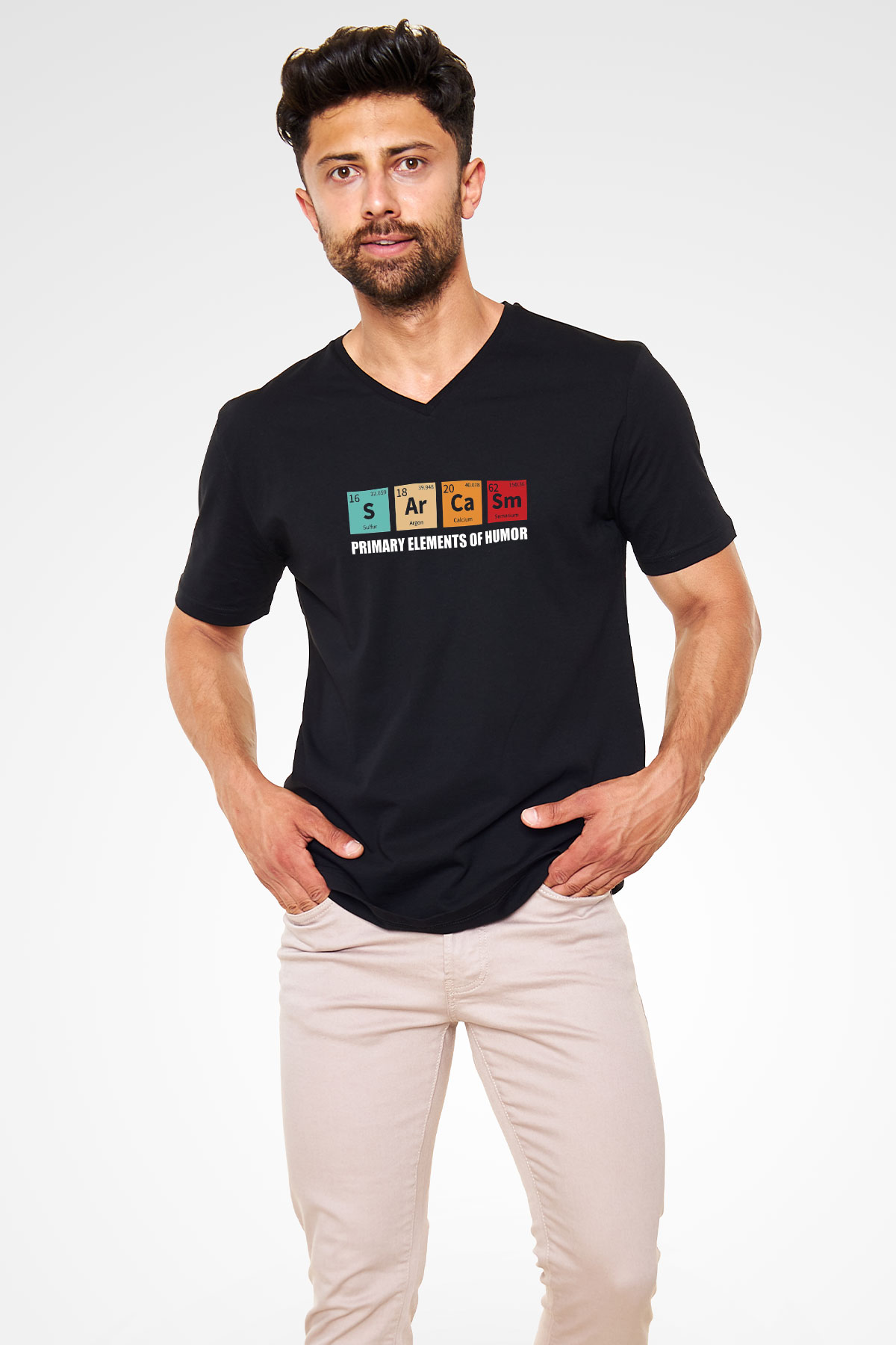 Sarkazm Elementler Baskılı Unisex V Yaka Siyah Tİşört - Tshirt