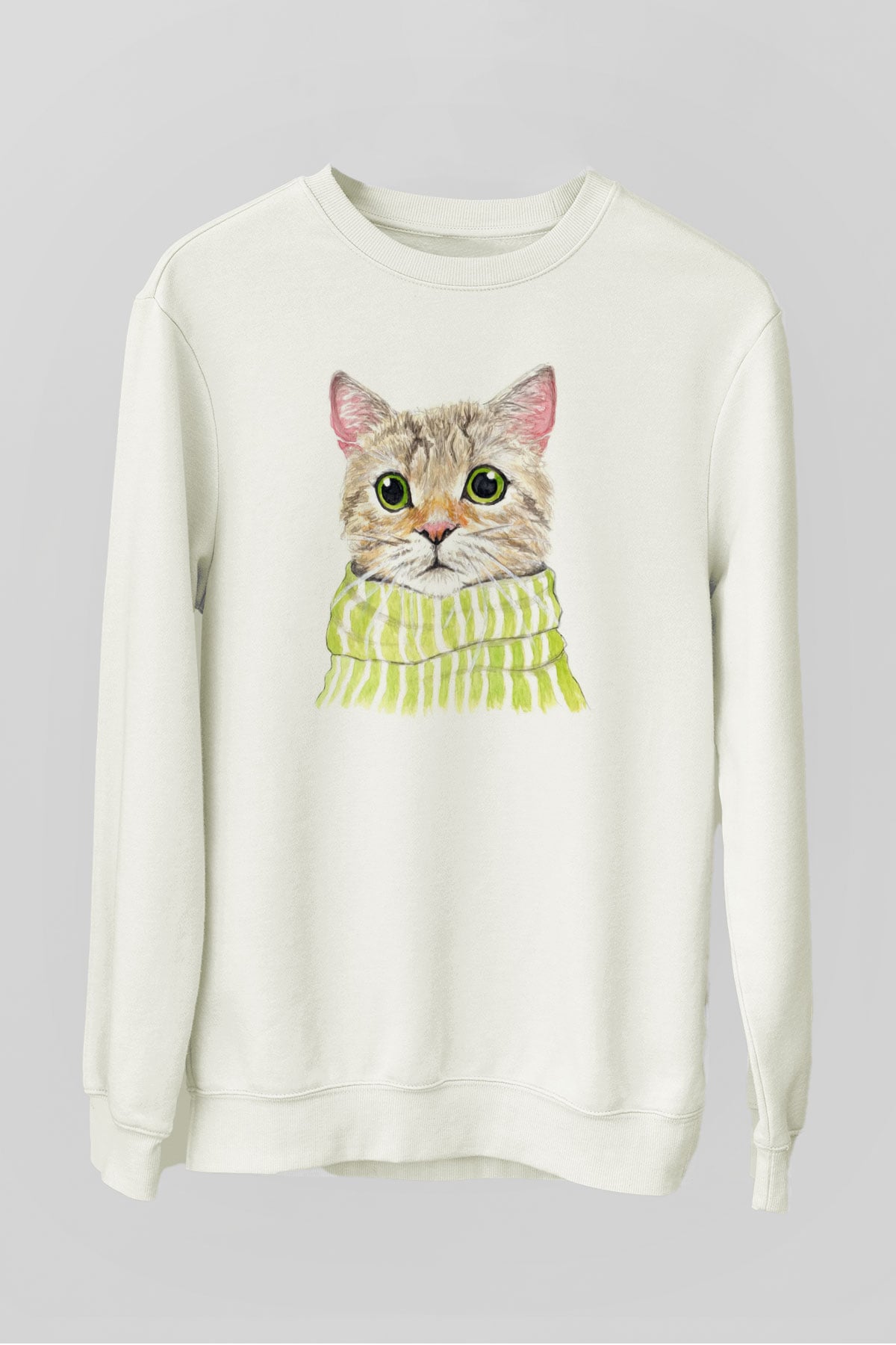 Şaşkın Kedi Baskılı Unisex Beyaz  Sweatshirt