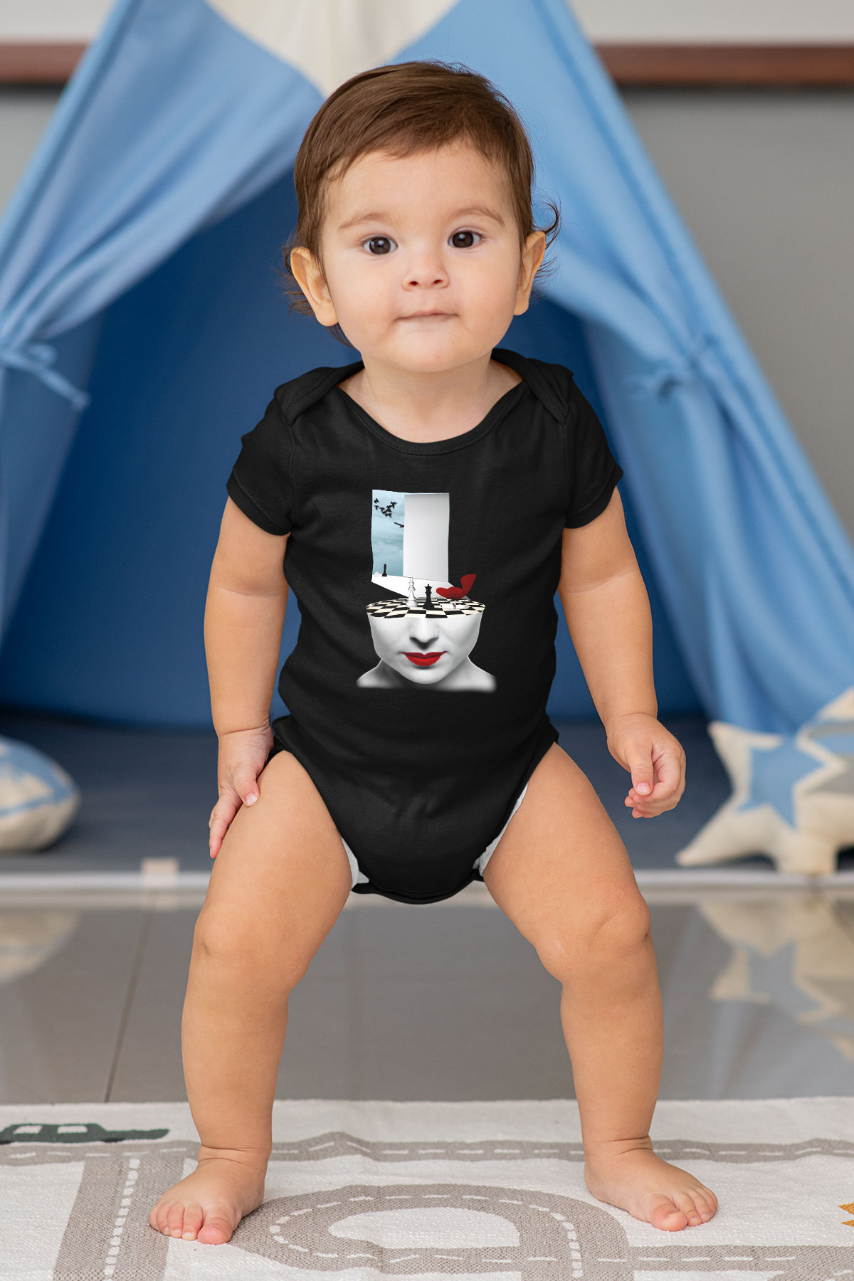 Satranç Baskılı Siyah Bebek Body - Zıbın