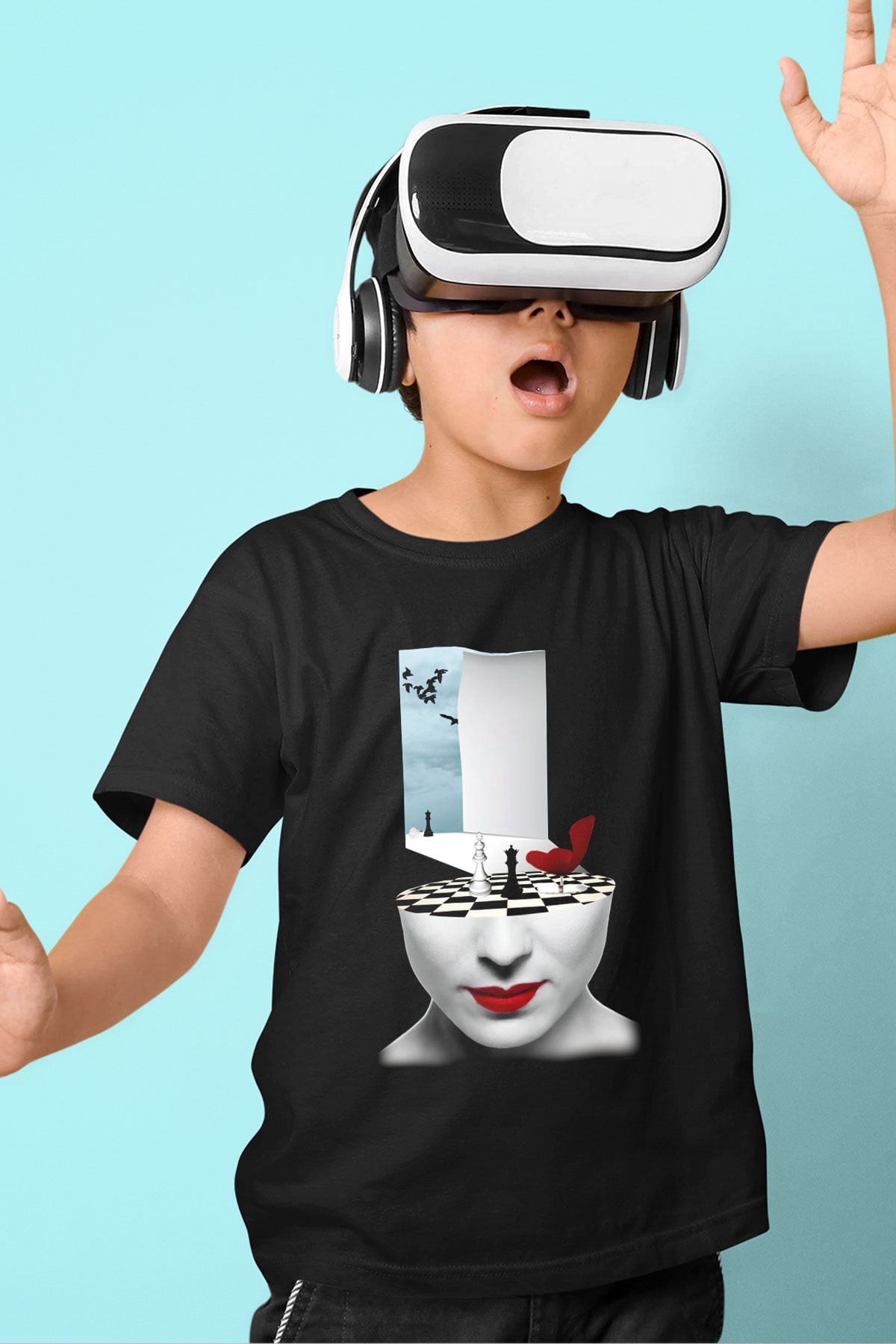 Satranç Baskılı Siyah Unisex Çocuk Tişört